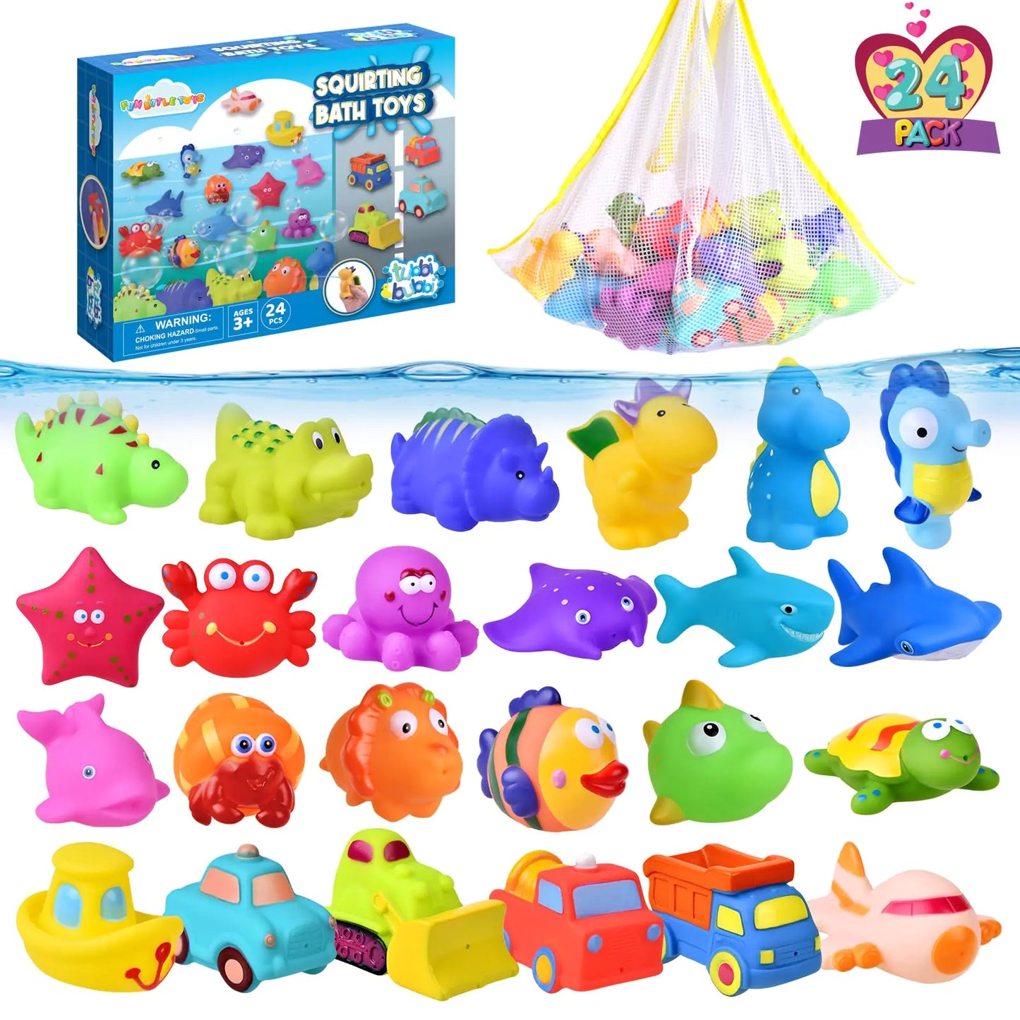 FUN LITTLE TOYS 24 Pcs Bath Toys for Toddlers Sea Animals & Cars Squirter Bath Toys No Mold Bathtub Toys with Storage Bag  Baby Bath Toys for Pool Toddler Bath Toys for Kids Party Favors Age1-3