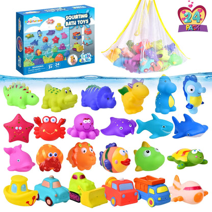 FUN LITTLE TOYS 24 Pcs Bath Toys for Toddlers Sea Animals & Cars Squirter Bath Toys No Mold Bathtub Toys with Storage Bag  Baby Bath Toys for Pool Toddler Bath Toys for Kids Party Favors Age1-3