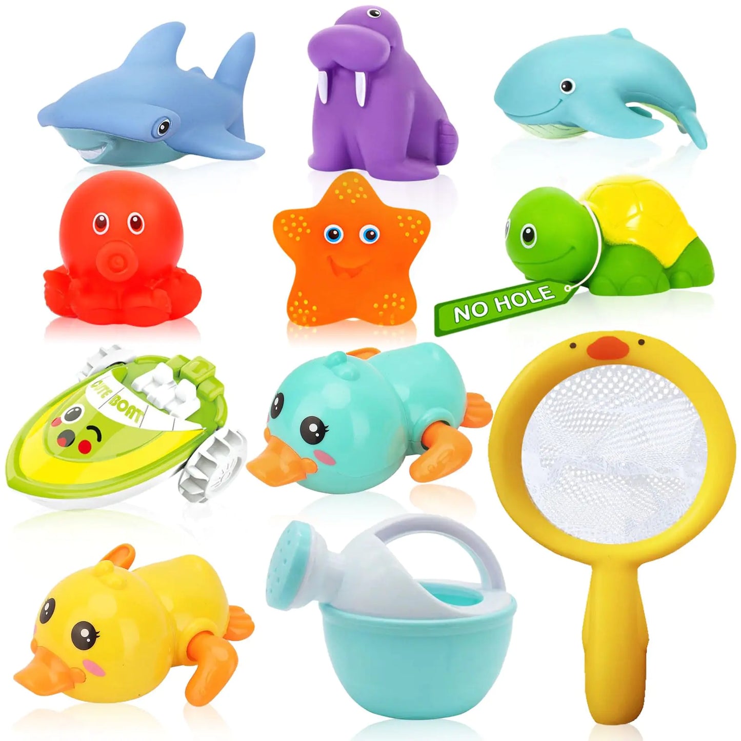 No Hole Bath Toys for Babies 0-6-12 Months+ Wind-up Swimming Ducks & Boat Bath Toys for Kids Ages 1-3 Baby Pool Toys Fishing Net Water Toys Watering Can Toddler Bath Toys for 1+ Year Old Boy Girl